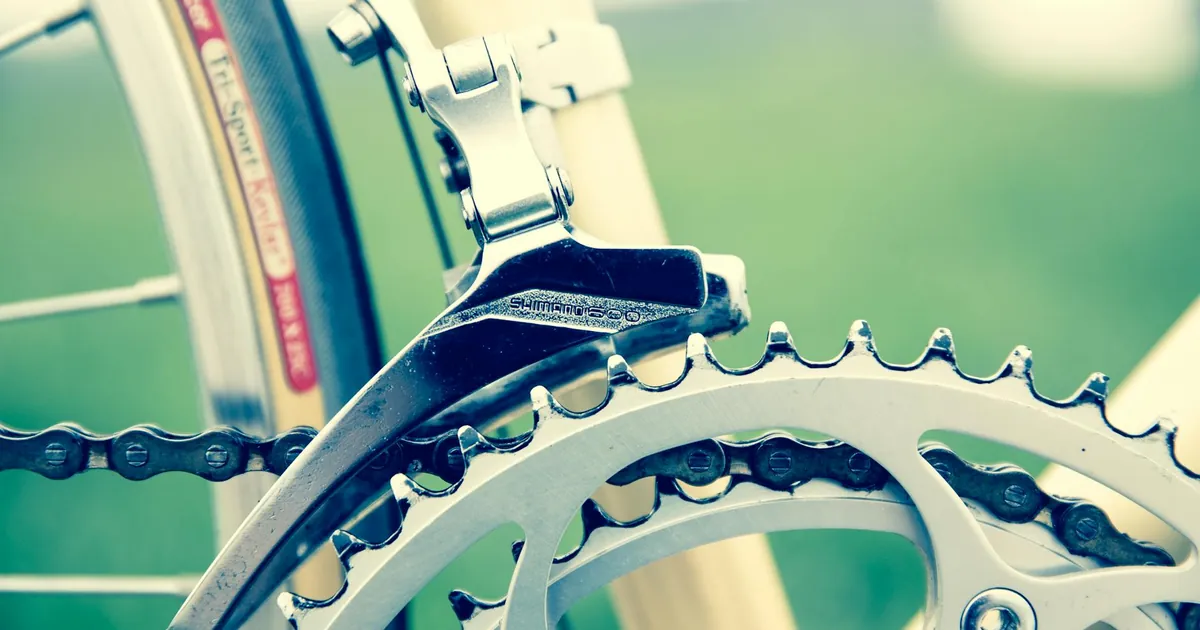 Detailed view of a bicycle's chainring and gear mechanism on a blurred background.