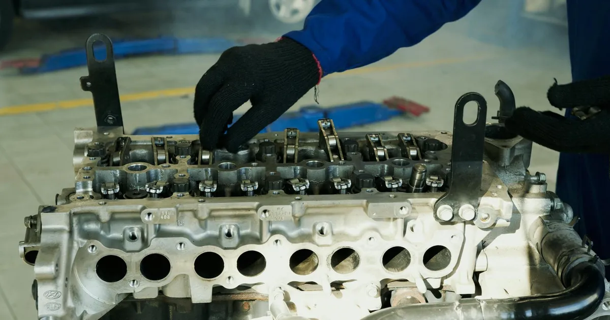 Close-up of a mechanic inspecting an engine for maintenance and repair in a workshop.