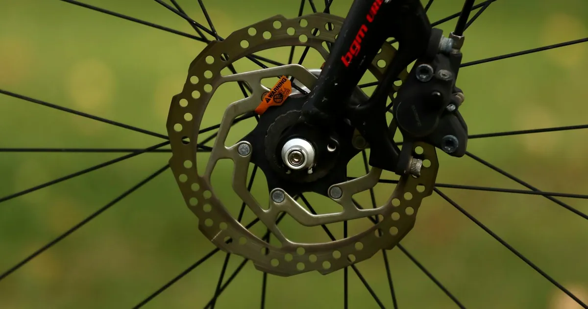 Detailed view of a bicycle disc brake on a green background.