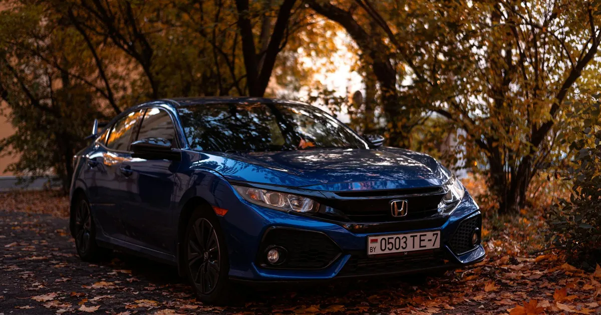A shiny blue sedan parked on a tree-lined street surrounded by autumn leaves.