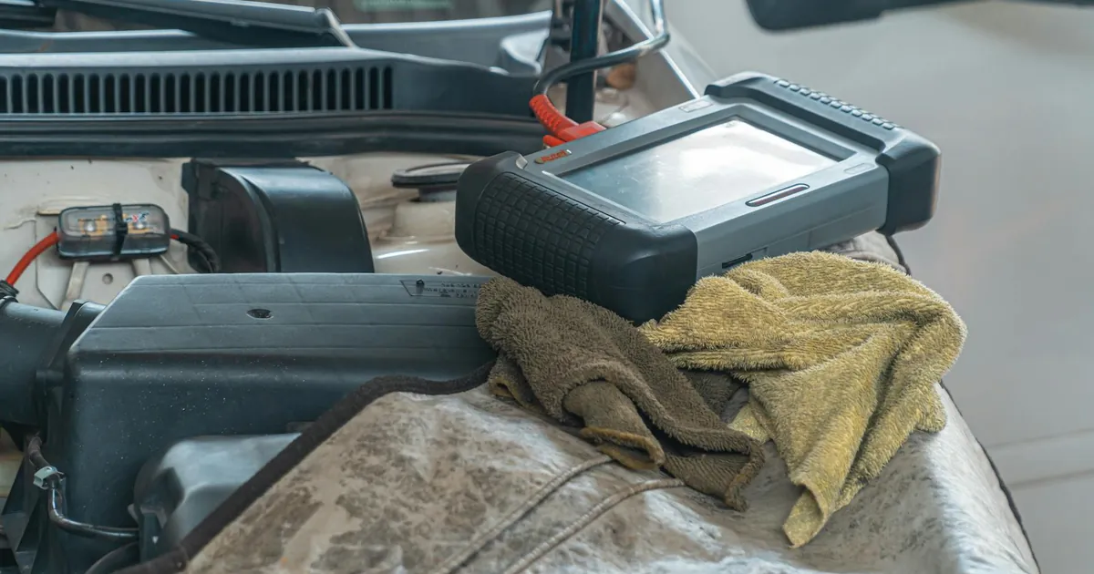 Close-up of car diagnostics tool on engine in a garage setting.