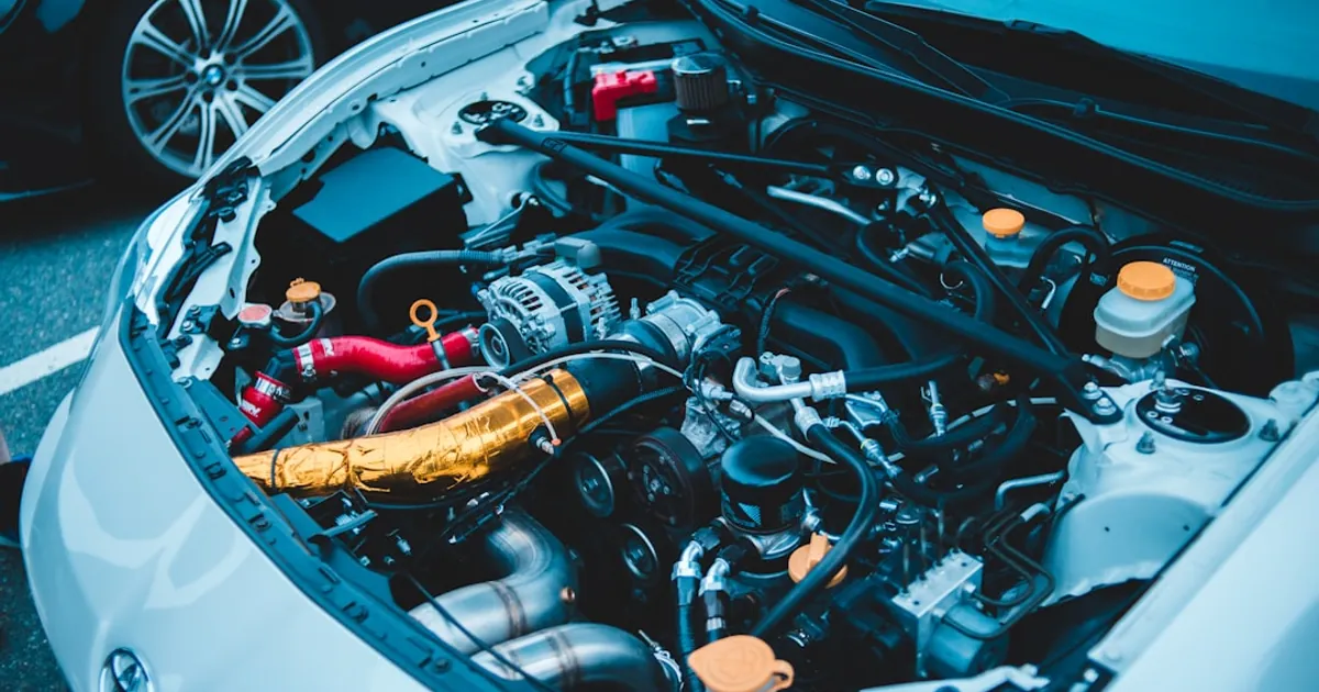 blue and white car engine bay