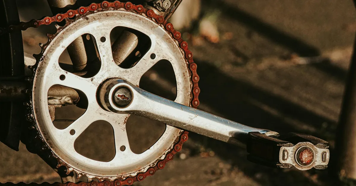 Detailed view of a bicycle chain and sprocket, highlighting mechanical texture.