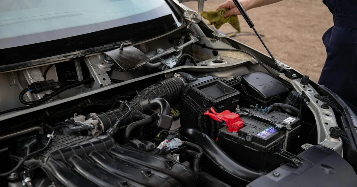 Mechanic inspecting car engine bay and battery during routine maintenance.