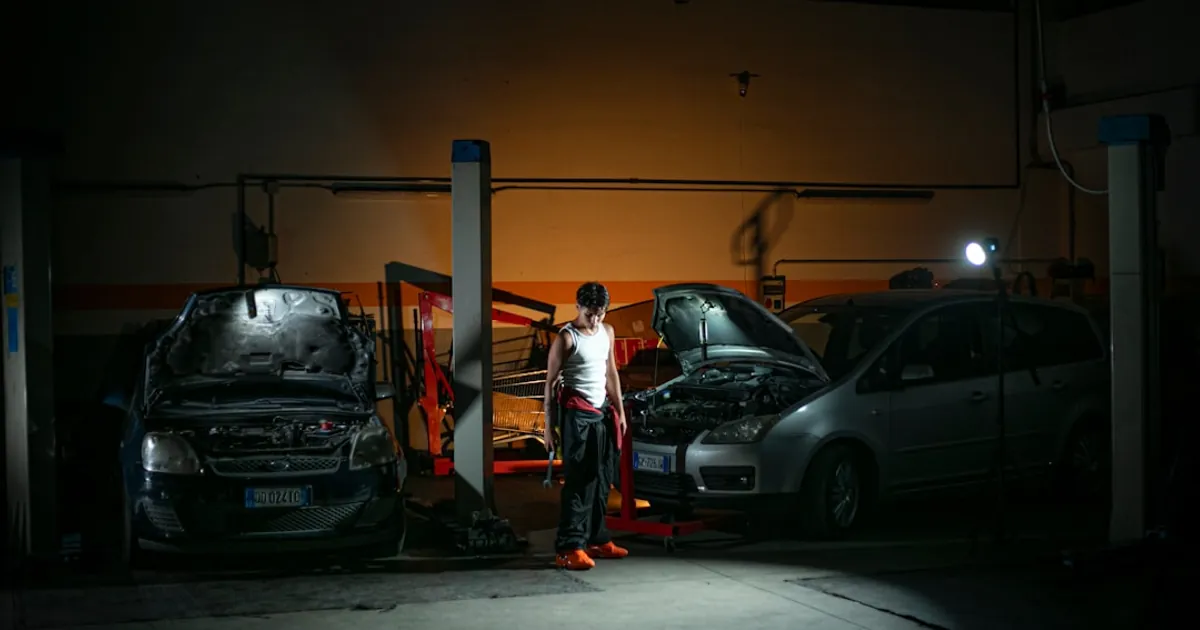 Mechanic working on cars in a dimly lit garage.